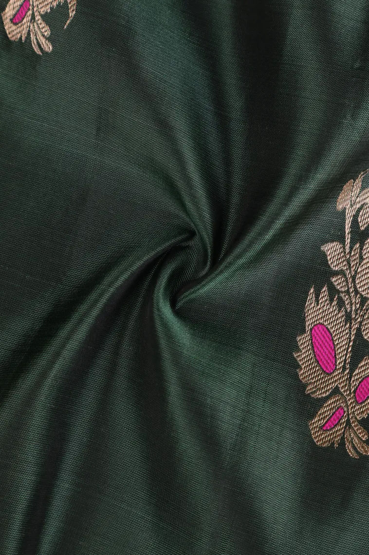 Bottle Green Soft Silk Saree with Gold Zari Flower Mottif view 4