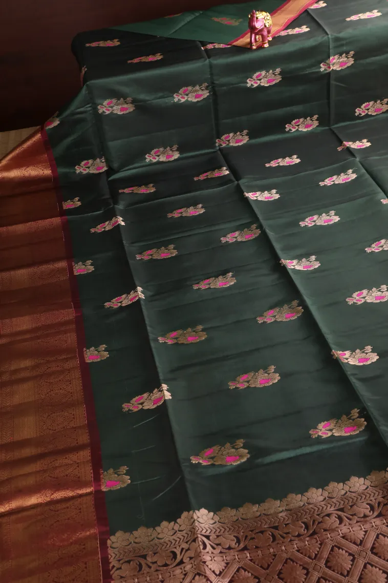 Bottle Green Soft Silk Saree with Gold Zari Flower Mottif view 2