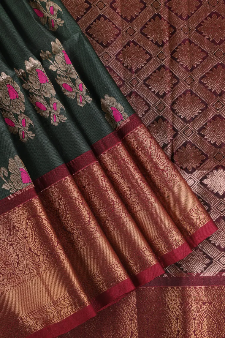 Bottle Green Soft Silk Saree with Gold Zari Flower Mottif