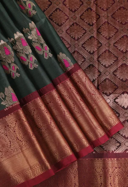 Bottle Green Soft Silk Saree with Gold Zari Flower Mottif