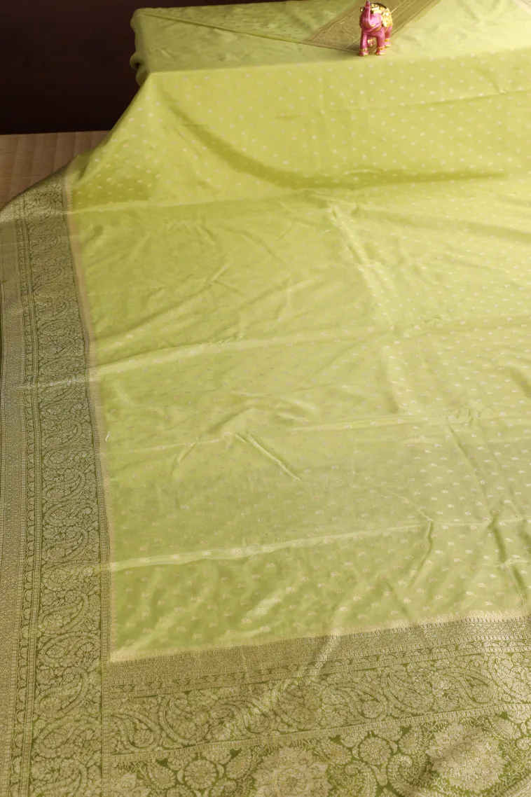 Lime Green Tissue Banaras with Gold Zari Buttis (small Dots Or Motifs) view 2
