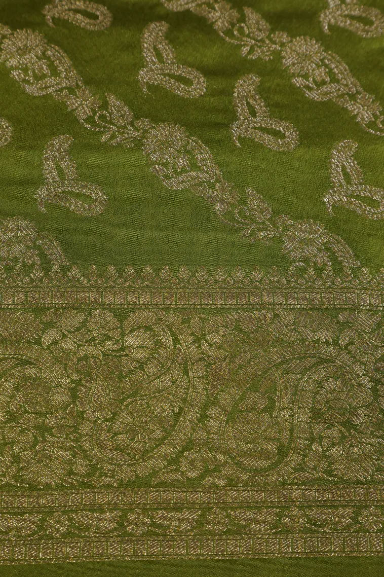 Lime Green Tissue Banaras with Gold Zari Buttis (small Dots Or Motifs) view 3