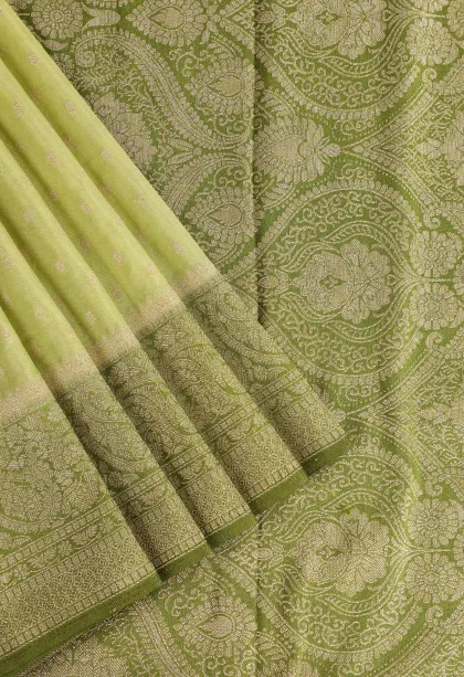 Lime Green Tissue Banaras with Gold Zari Buttis (small Dots Or Motifs)
