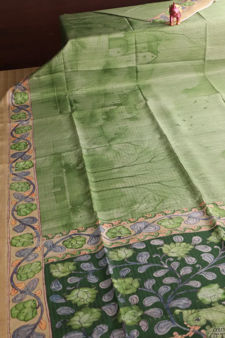 Olive Green Semi Tussar Silk with Gold Zari Birds And Floral Pattern view 2
