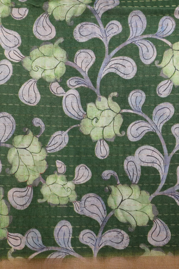 Olive Green Semi Tussar Silk with Gold Zari Birds And Floral Pattern view 3