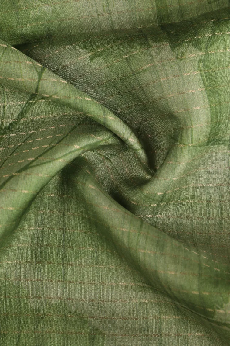 Olive Green Semi Tussar Silk with Gold Zari Birds And Floral Pattern view 4