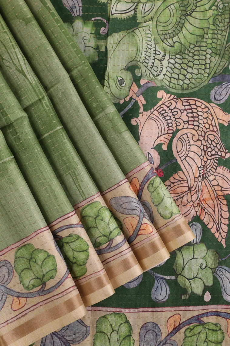 Olive Green Semi Tussar Silk with Gold Zari Birds And Floral Pattern