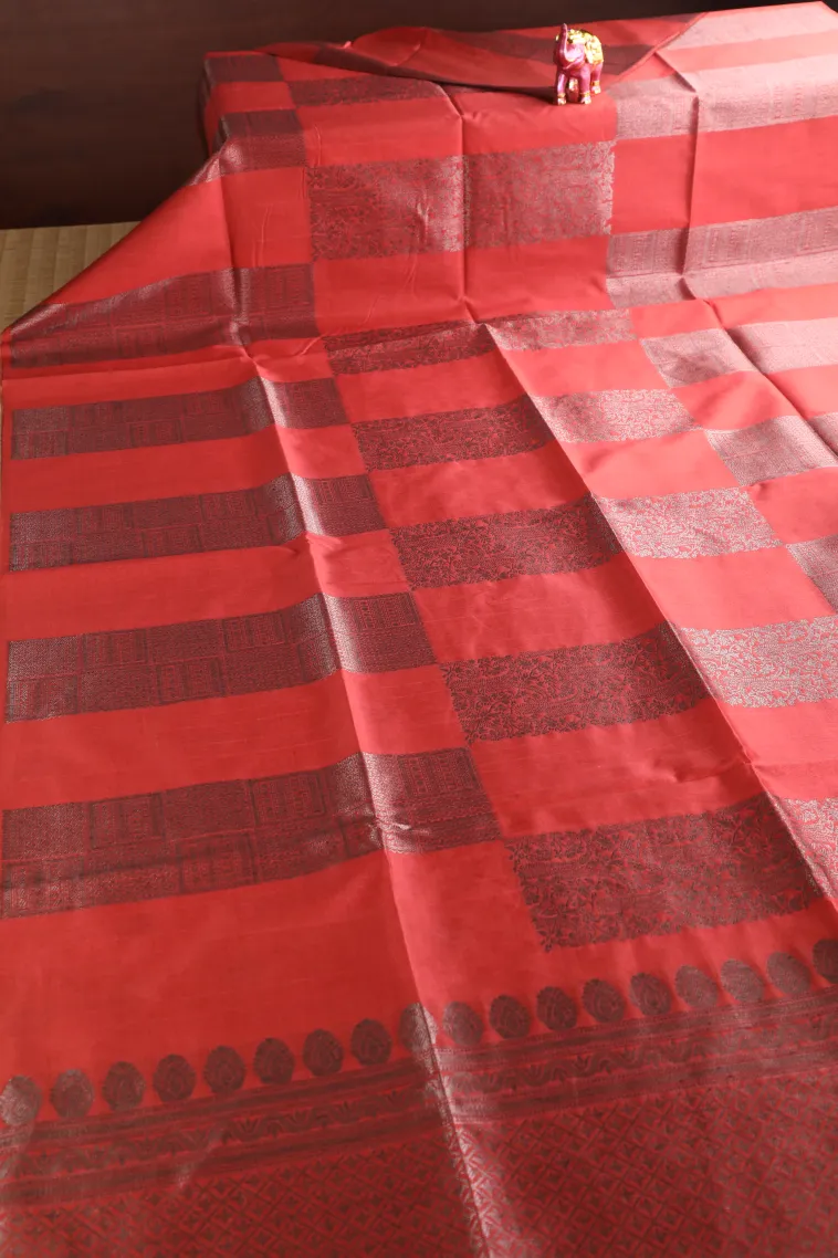 Dawn Red Tussar Saree with Silver Zari Leaf Pattern view 2