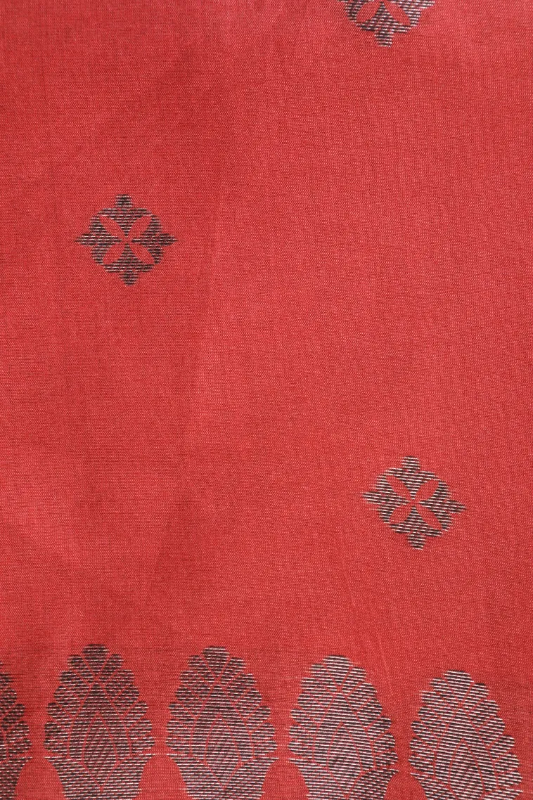 Dawn Red Tussar Saree with Silver Zari Leaf Pattern view 3