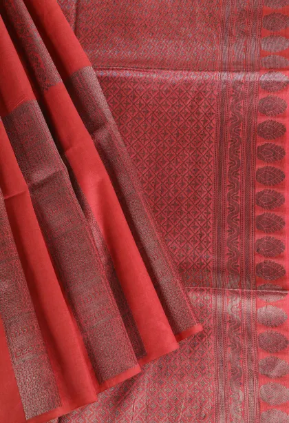Dawn Red Tussar Saree with Silver Zari Leaf Pattern