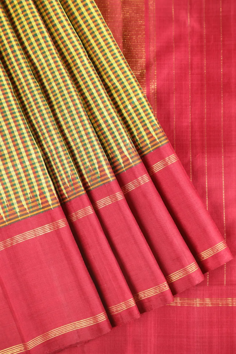 Lemon Yellow Kanchipuram Silk Sarees with Gold Zari Checks view 1