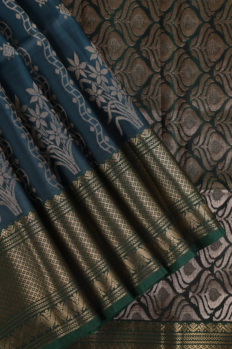 Aegean Blue Soft Silk Saree with Gold Zari Straipes And Puttas