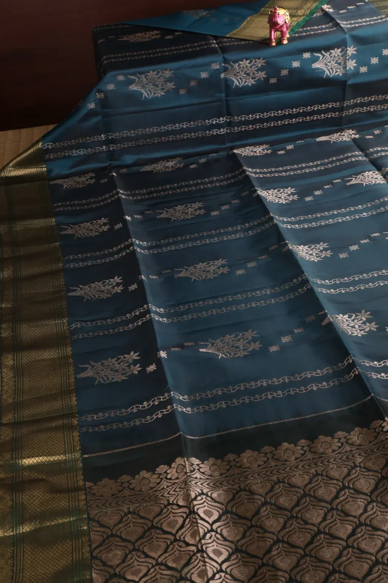 Aegean Blue Soft Silk Saree with Gold Zari Straipes And Puttas view 2