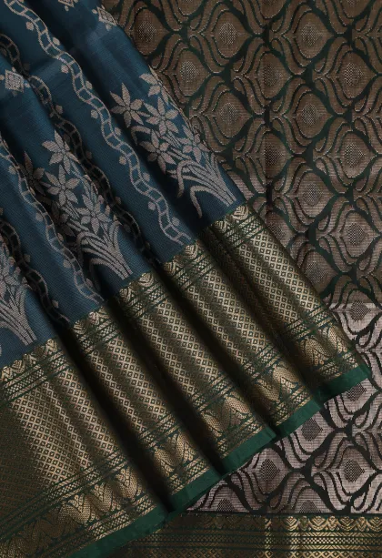 Aegean Blue Soft Silk Saree with Gold Zari Straipes And Puttas