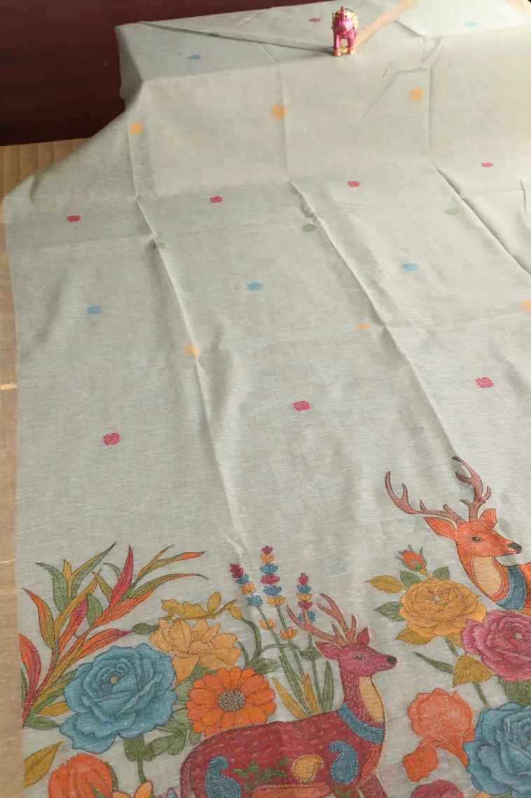 Pistachio Green Linen Saree with Gold Zari Flower Mottif view 2