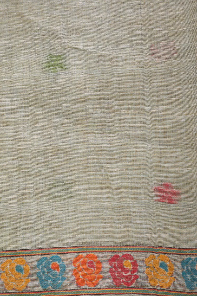 Pistachio Green Linen Saree with Gold Zari Flower Mottif view 3