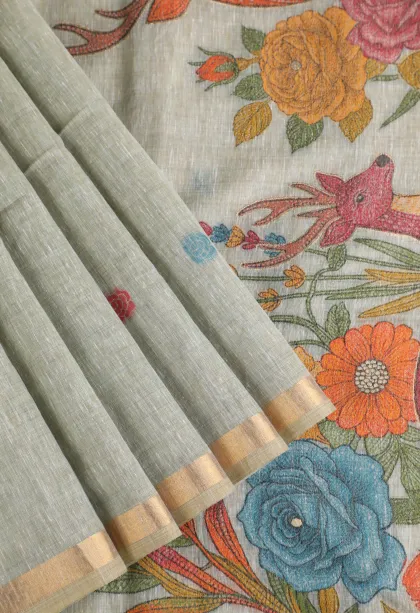Pistachio Green Linen Saree with Gold Zari Flower Mottif