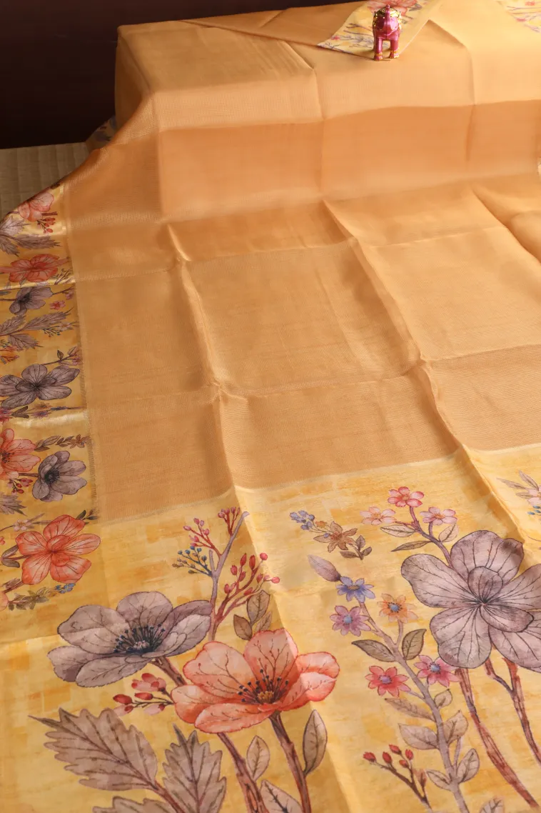 Honey Orange Organza Saree with Gold Zari Plain view 2