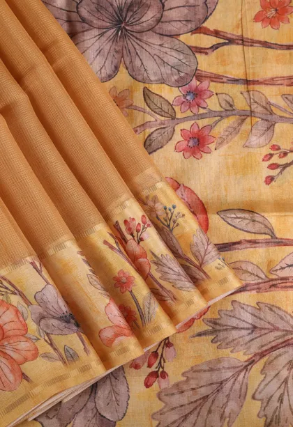 Honey Orange Organza Saree with Gold Zari Plain