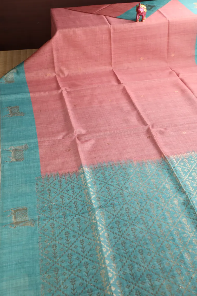 Salmon Pink Semi Tussar Silk with Gold Zari Buttis (small Dots Or Motifs) view 2