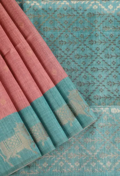 Salmon Pink Semi Tussar Silk with Gold Zari Buttis (small Dots Or Motifs)
