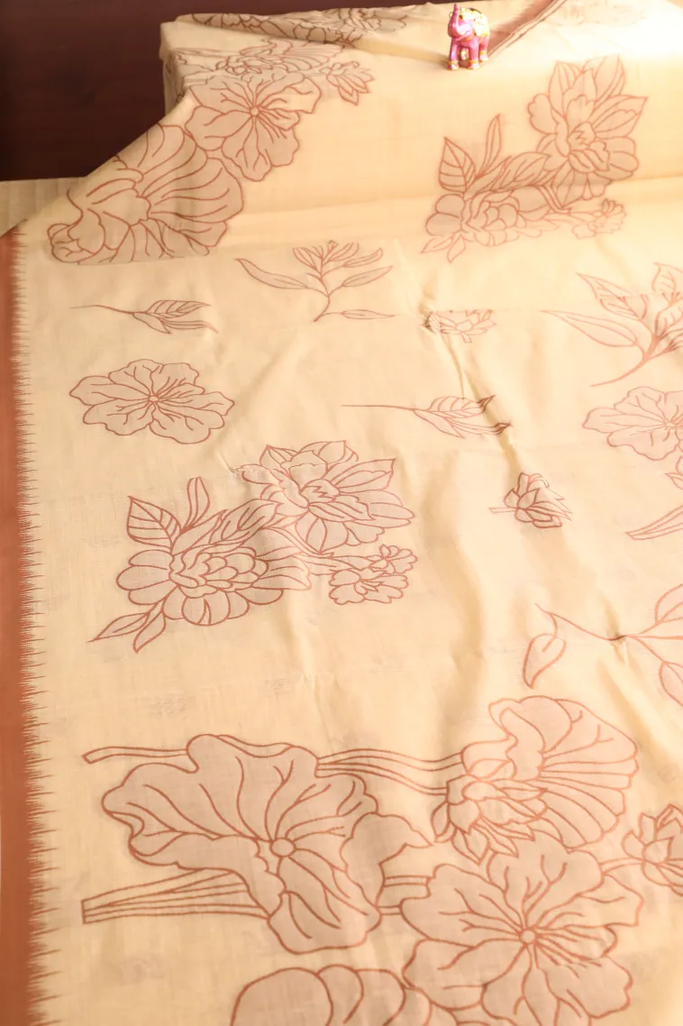 Sandollar Yellow Linen Saree Without Zari With Floral Patterns view 2