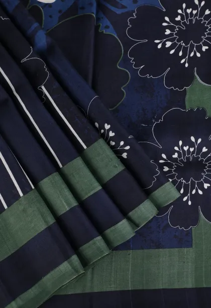 Indigo Blue Soft Silk Sarees Without Zari With Floral Patterns
