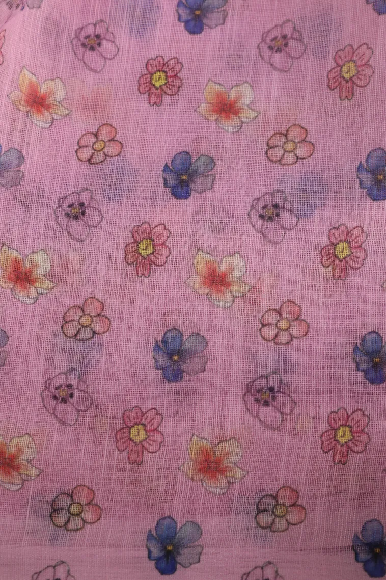 Cotton White Linen Saree Without Zari With Birds And Floral Pattern view 3