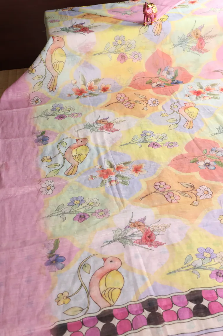 Cotton White Linen Saree Without Zari With Birds And Floral Pattern view 2