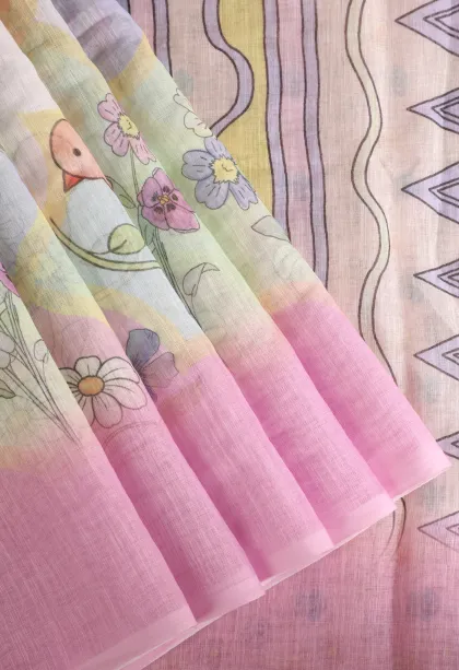 Cotton White Linen Saree Without Zari With Birds And Floral Pattern