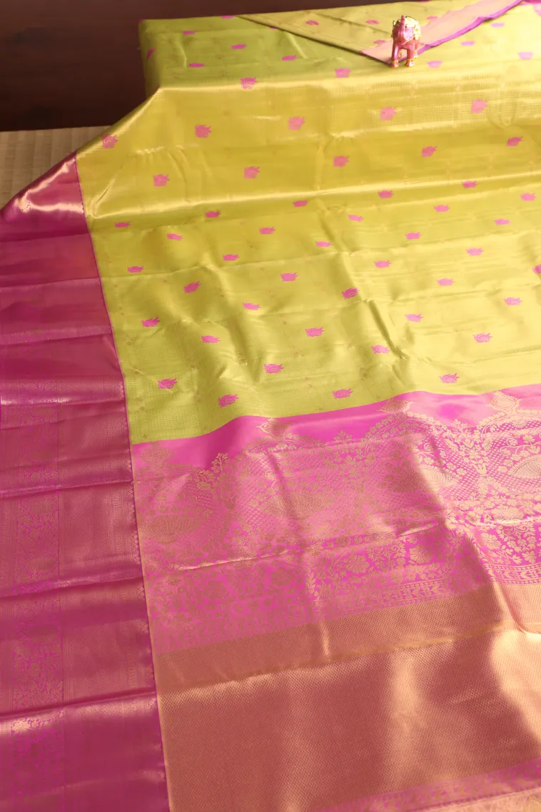 Olive Green Apoorva Silk Sarees with Gold Zari Small Checks Pattern view 2