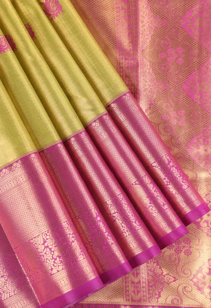 Olive Green Apoorva Silk Sarees with Gold Zari Small Checks Pattern