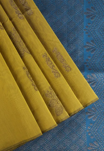 Olive Green Silk Cotton Sarees with Antic Zari Flower Mottif