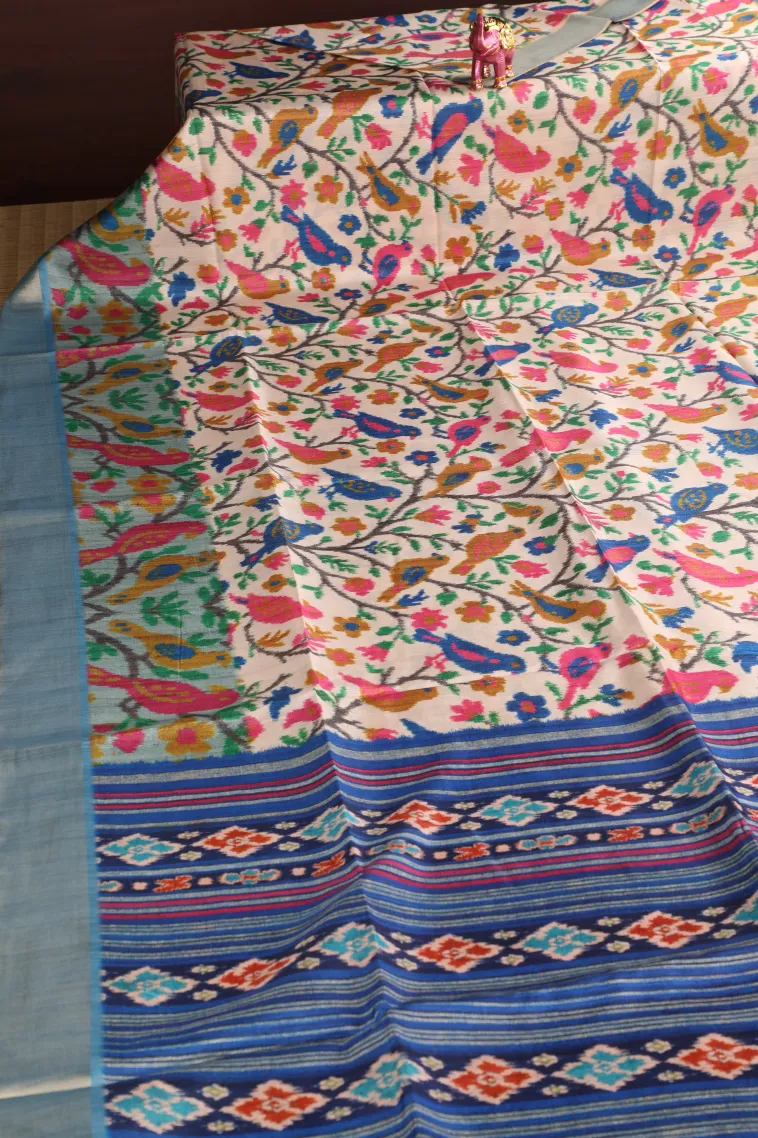 Cotton White Semi Tussar Silk with Gold Zari Birds And Floral Pattern view 2