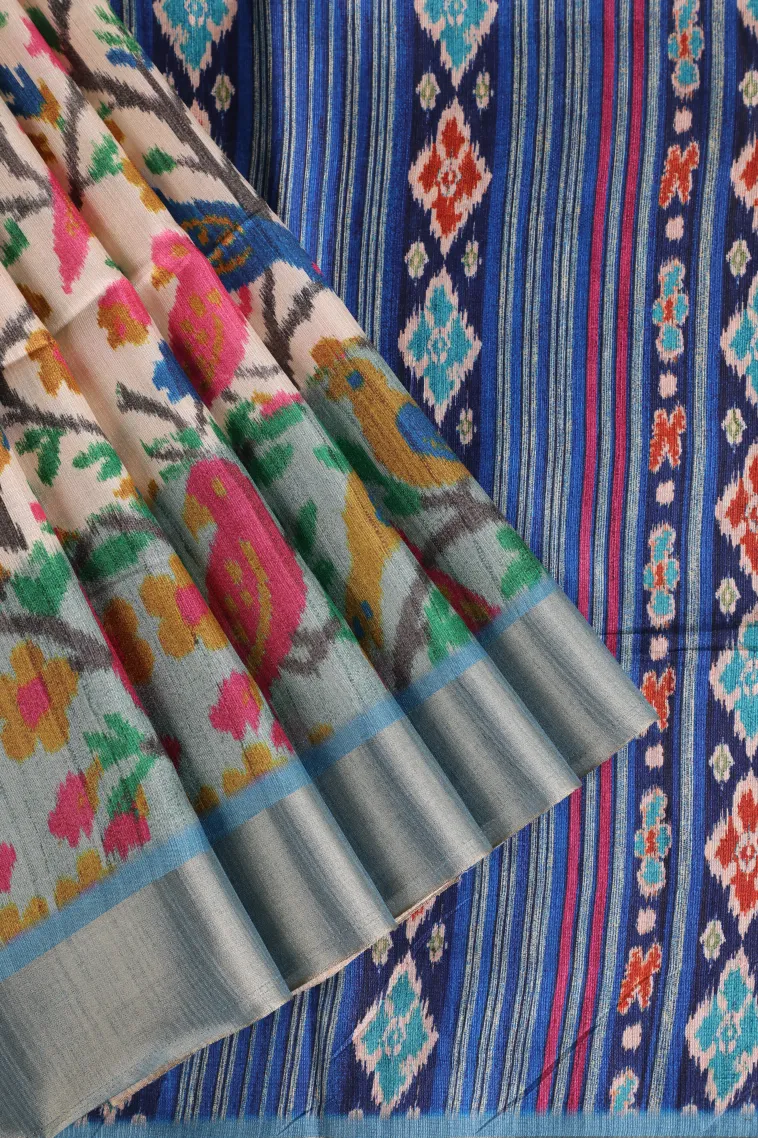 Cotton White Semi Tussar Silk with Gold Zari Birds And Floral Pattern