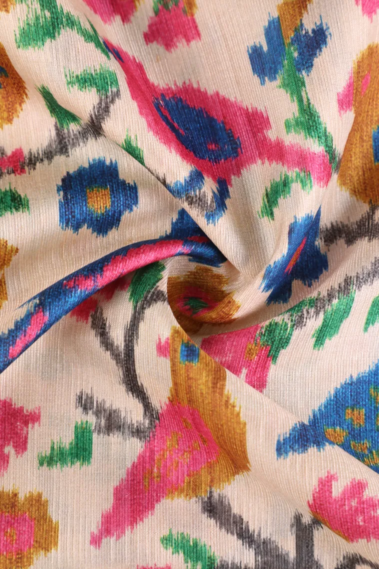 Cotton White Semi Tussar Silk with Gold Zari Birds And Floral Pattern view 4