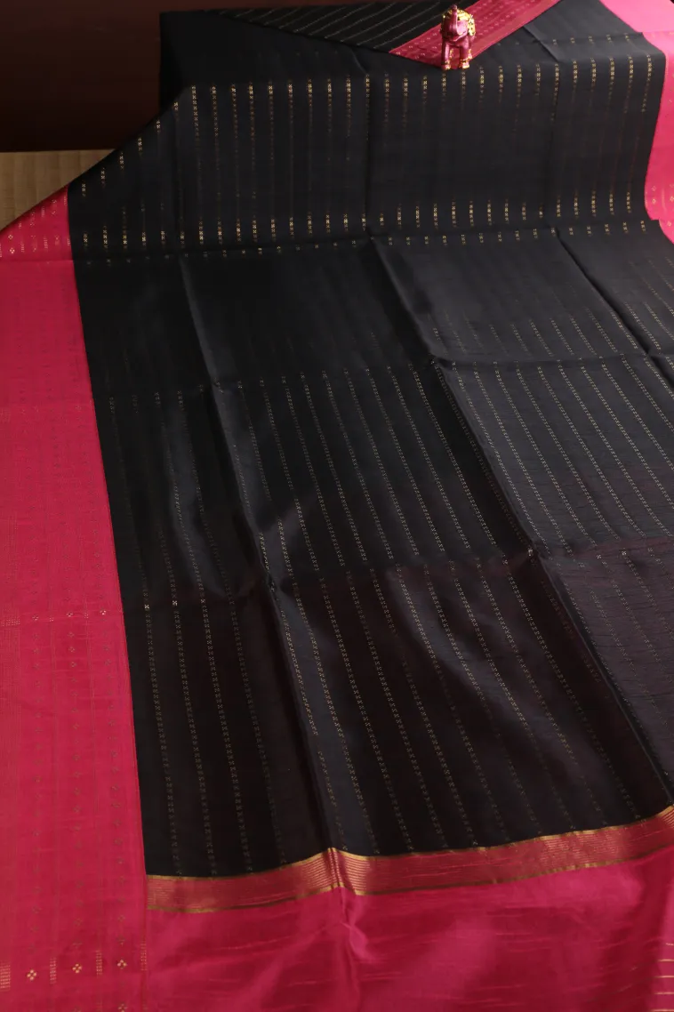 Asphalt Black Tussar Saree with Gold Zari Cross Straipes view 2