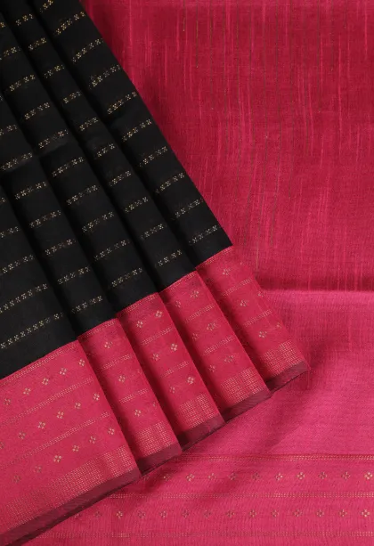 Asphalt Black Tussar Saree with Gold Zari Cross Straipes