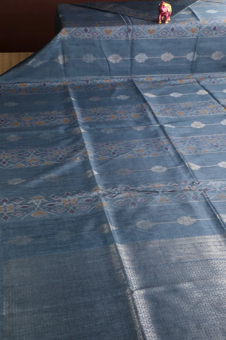 Stone Blue Tussar Saree with Gold Zari Stripes view 2