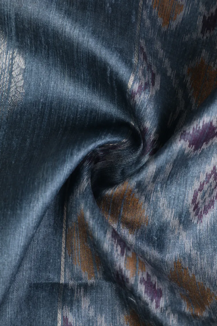 Stone Blue Tussar Saree with Gold Zari Stripes view 4