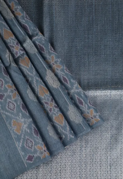 Stone Blue Tussar Saree with Gold Zari Stripes