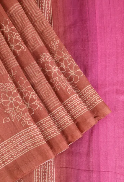 Peach Pink Semi Tussar Silk Without Zari With Geometric Shapes
