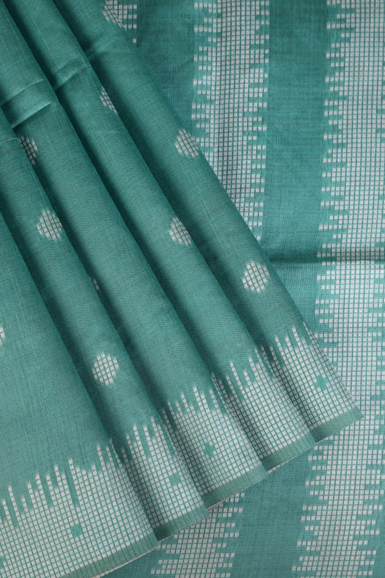 Teal Blue Semi Tussar Silk with Thread Zari Buttis (small Dots Or Motifs)