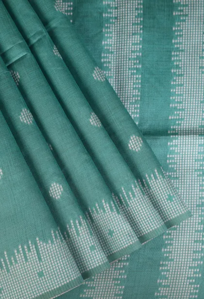 Teal Blue Semi Tussar Silk with Thread Zari Buttis (small Dots Or Motifs)
