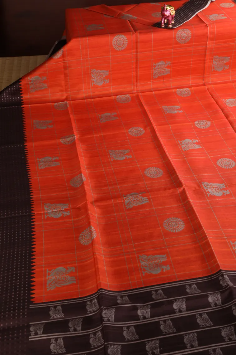 Fire Orange Tussar Saree Without Zari With Checks And Puttas view 2