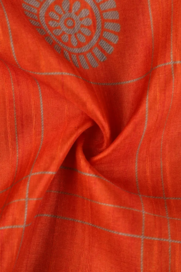 Fire Orange Tussar Saree Without Zari With Checks And Puttas view 4