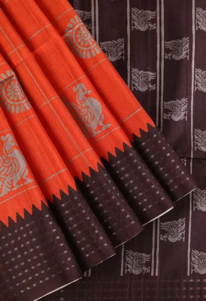 Fire Orange Tussar Saree Without Zari With Checks And Puttas