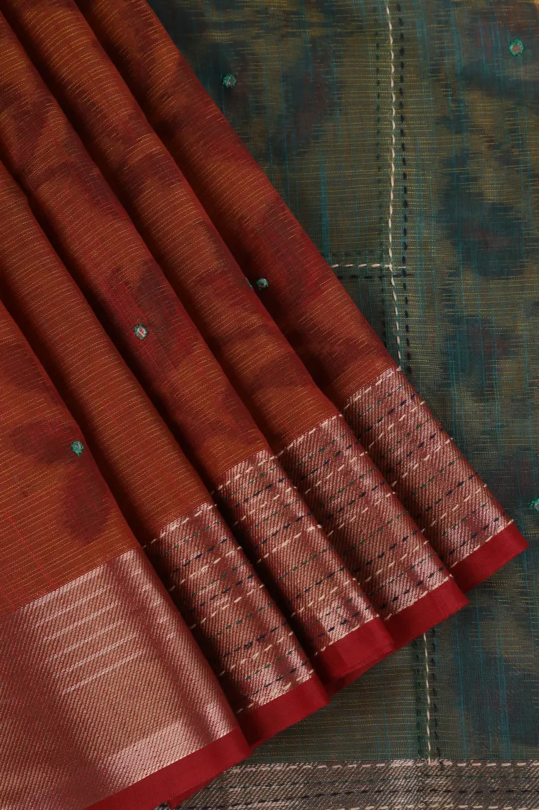 Ginger Orange Linen Saree with Gold Zari Floral Patterns