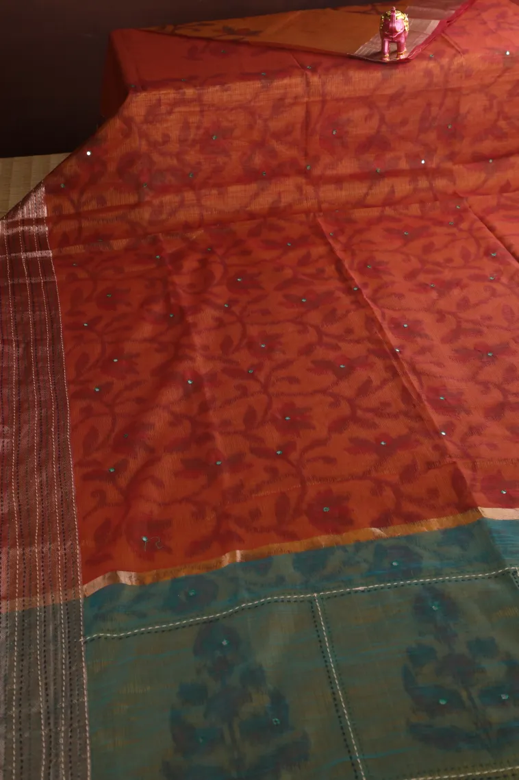 Ginger Orange Linen Saree with Gold Zari Floral Patterns view 2