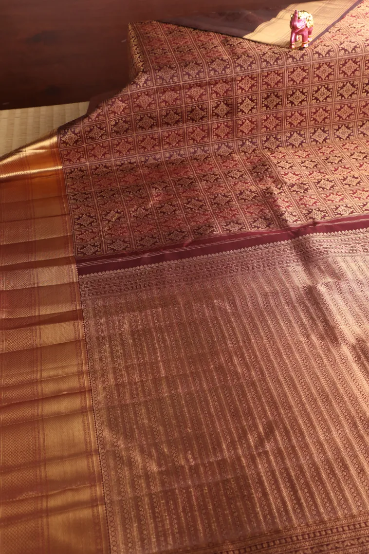 Berry Red Kanchipuram Silk Sarees with Gold Zari Checks And Puttas view 2